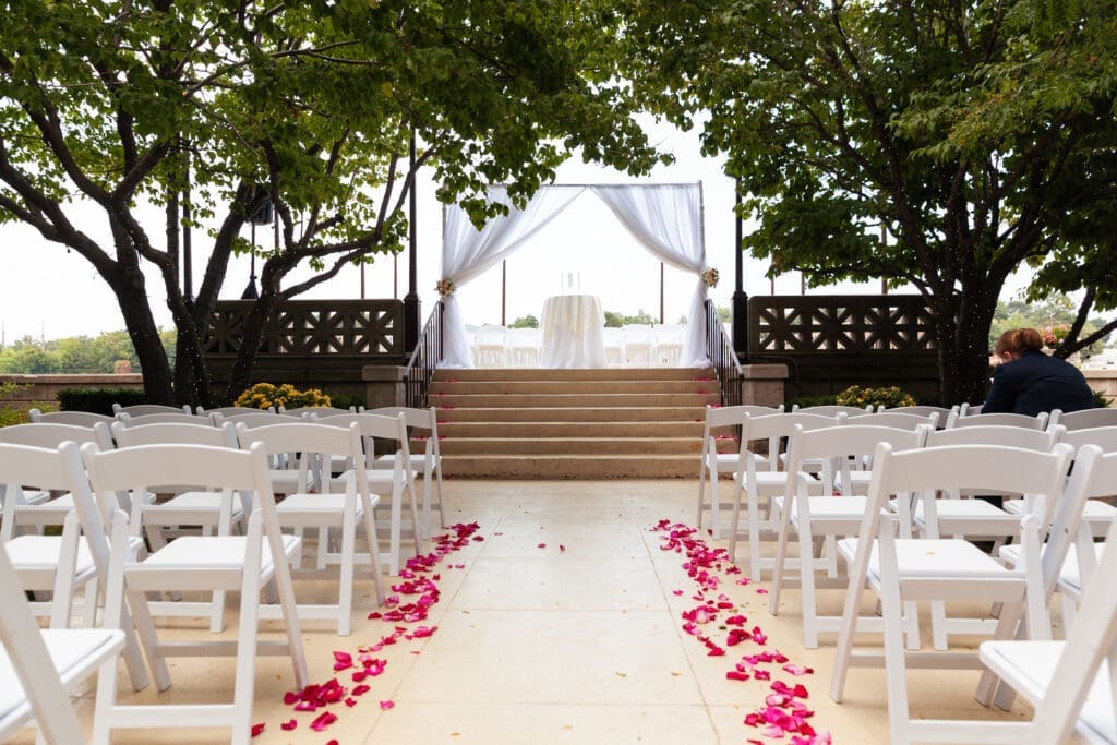 Elegant luxury ceremony area decorated for a wedding in St. Charles Il at Hotel Baker.
