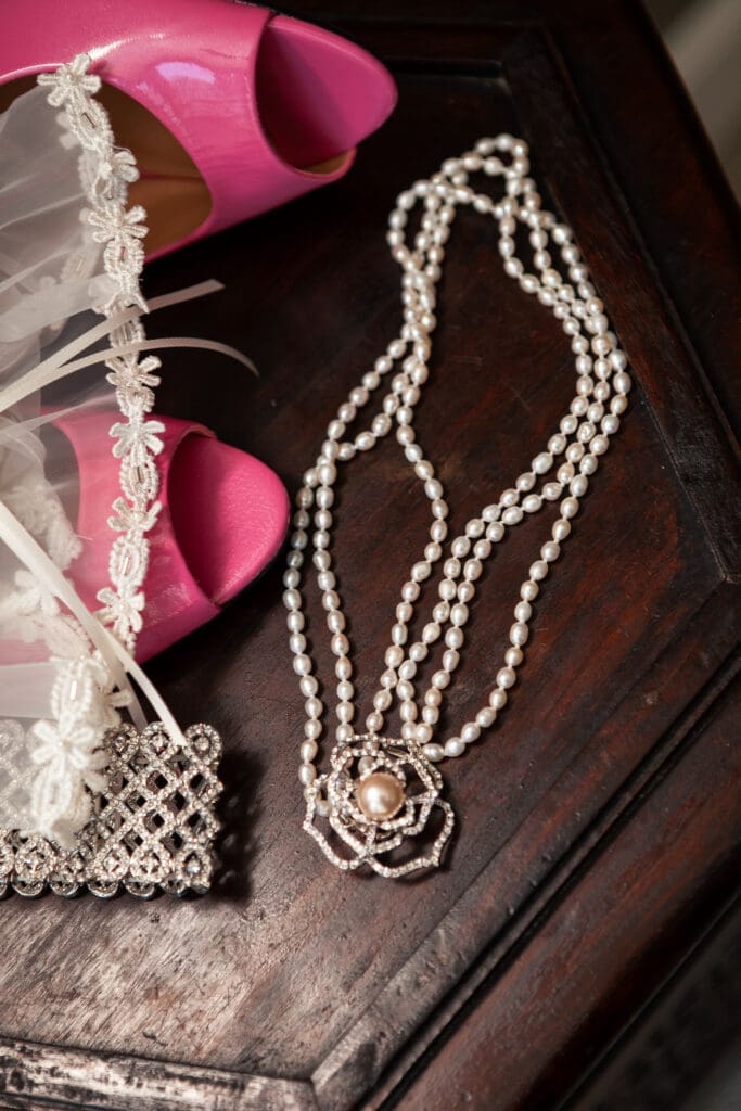 Details of the brides jewelry in the bridal suite at Langham Chicago.