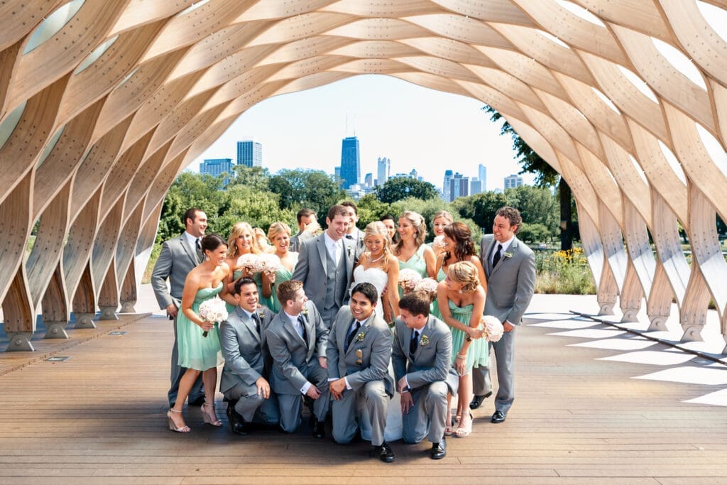 Bride, groom, and bridal party together at Lincoln Park Zoo Chicago